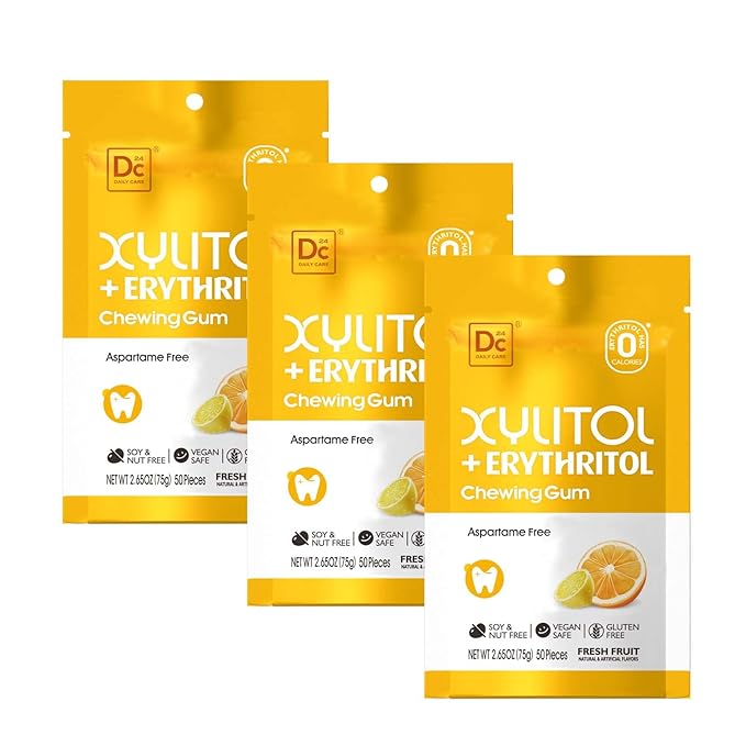 DC24 DAILY CARE Gum, Aspartame Free & Sugar Free, Xylitol Chewing Gum with Erythritol, Low-Calorie, Sugarless, Fresh Fruit Flavored Gum, 50 Pieces (Pack of 3)