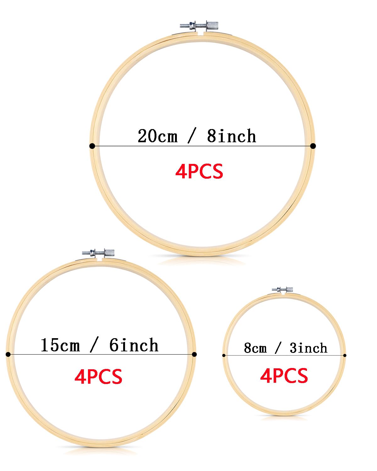 12 Pieces Embroidery Hoops, 3 inch to 8 inch Bamboo Frame Circle Cross Stitch Hoop Ring Embroidery Hoops Set for Embroidery and Cross Stitch