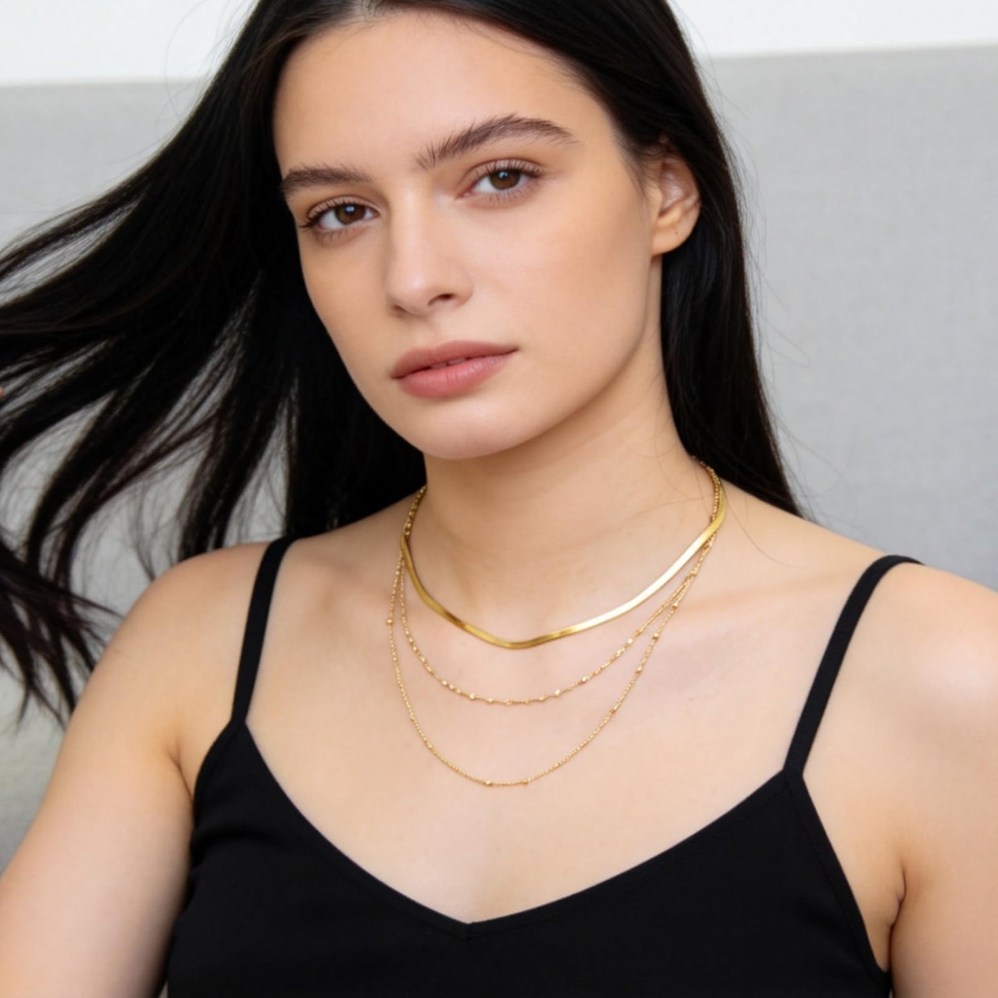 Layered Necklaces for Women, 18K Gold Plated Dainty Multi Layering Necklaces for Women Stackable Trendy Thin Satellite Chain Singapore Necklace Snake Chain Simple Herringbone Necklaces Non Tarnish