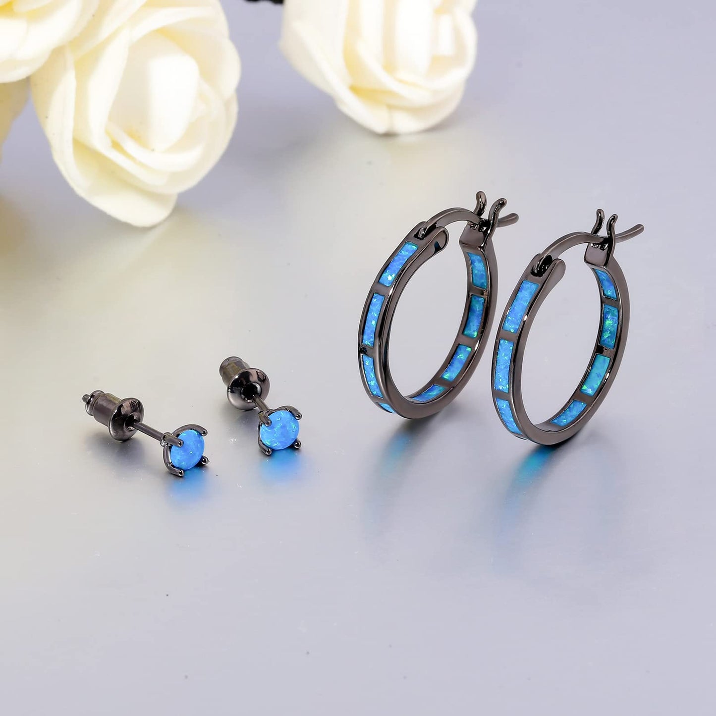CiNily 2 Pairs Stud Hoop Earring Set,Dark Blue Opal Hoop Earring 14K Black Gold Plated Hypoallergenic Small Stud Earrings for Women Men Jewelr