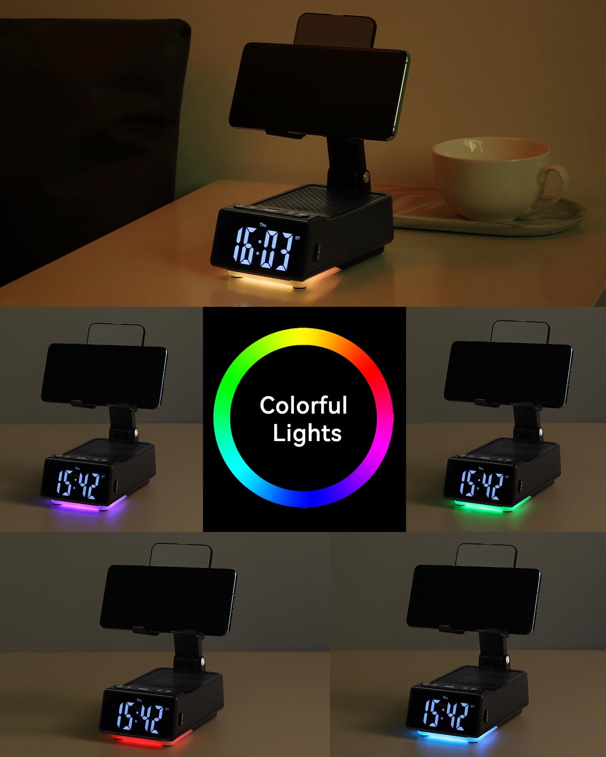 Father's Day Gifts for Dad, Birthday Gifts for Men, 7 in 1 Phone Stand Bluetooth Speaker with Alarm Clock, Wireless Charger, Light, USB Playback & Hands-Free Calling