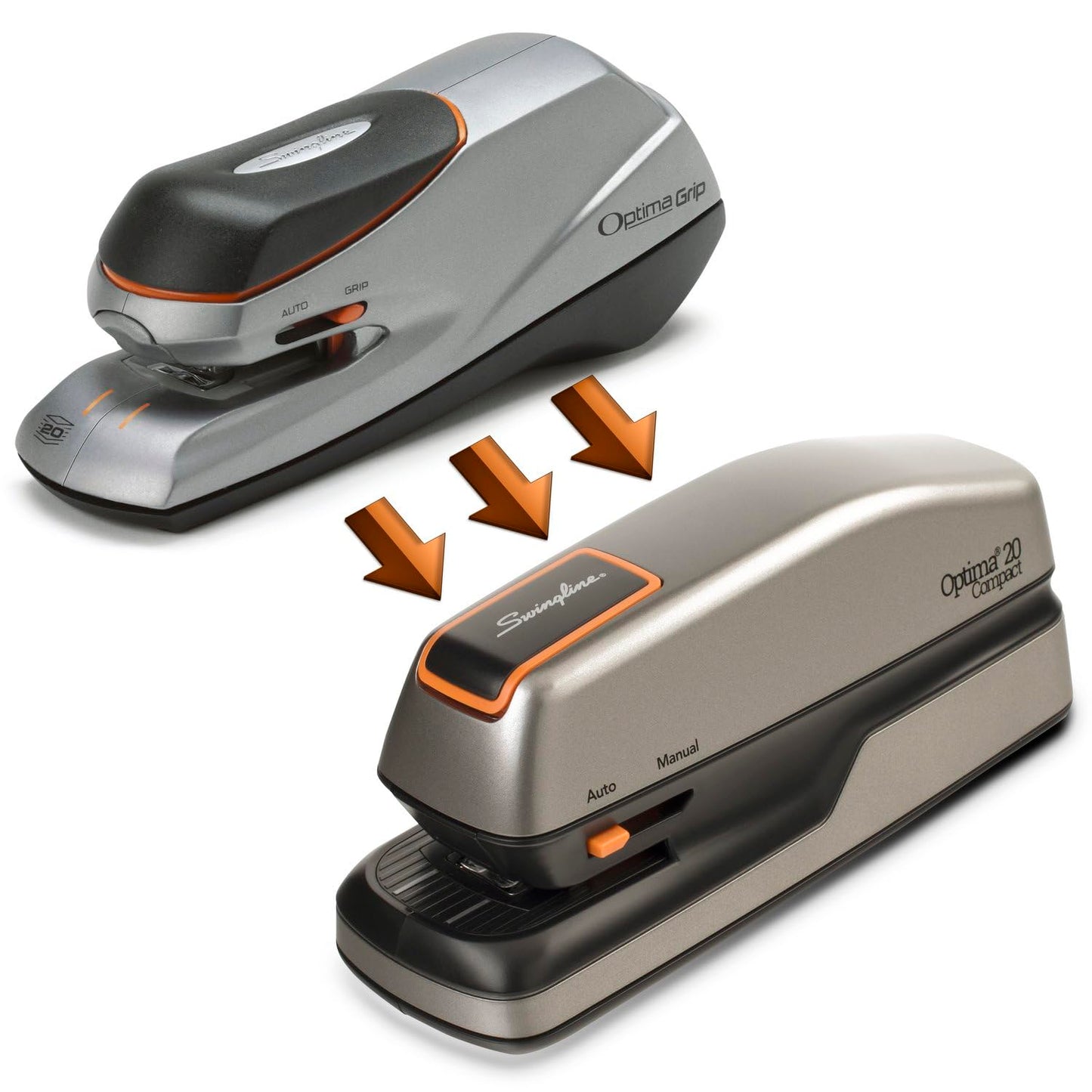 Swingline Electric Stapler, 20 Sheet Capacity, Optima 20, Jam Free, Compact, Automatic or Manual, Plug In or Battery, Orange and Gray (48207)