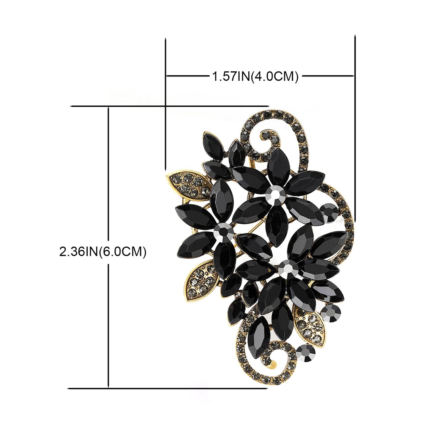 YOQUCOL Vintage Blck Austrian Crystal Rhinestone Flower Shape Brooch Pin For Women