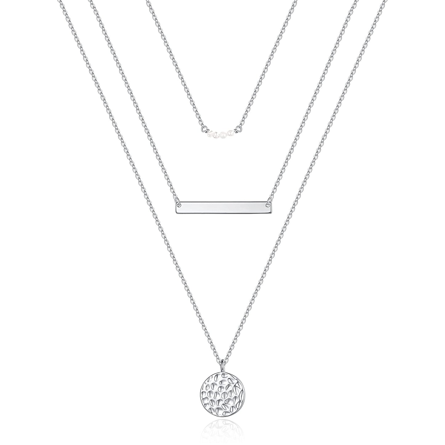 Silver Necklace for Women - Dainty Layering Simulated Pearls Bar Necklace Hammered Disc Pendant Silver Layered Necklaces for Women