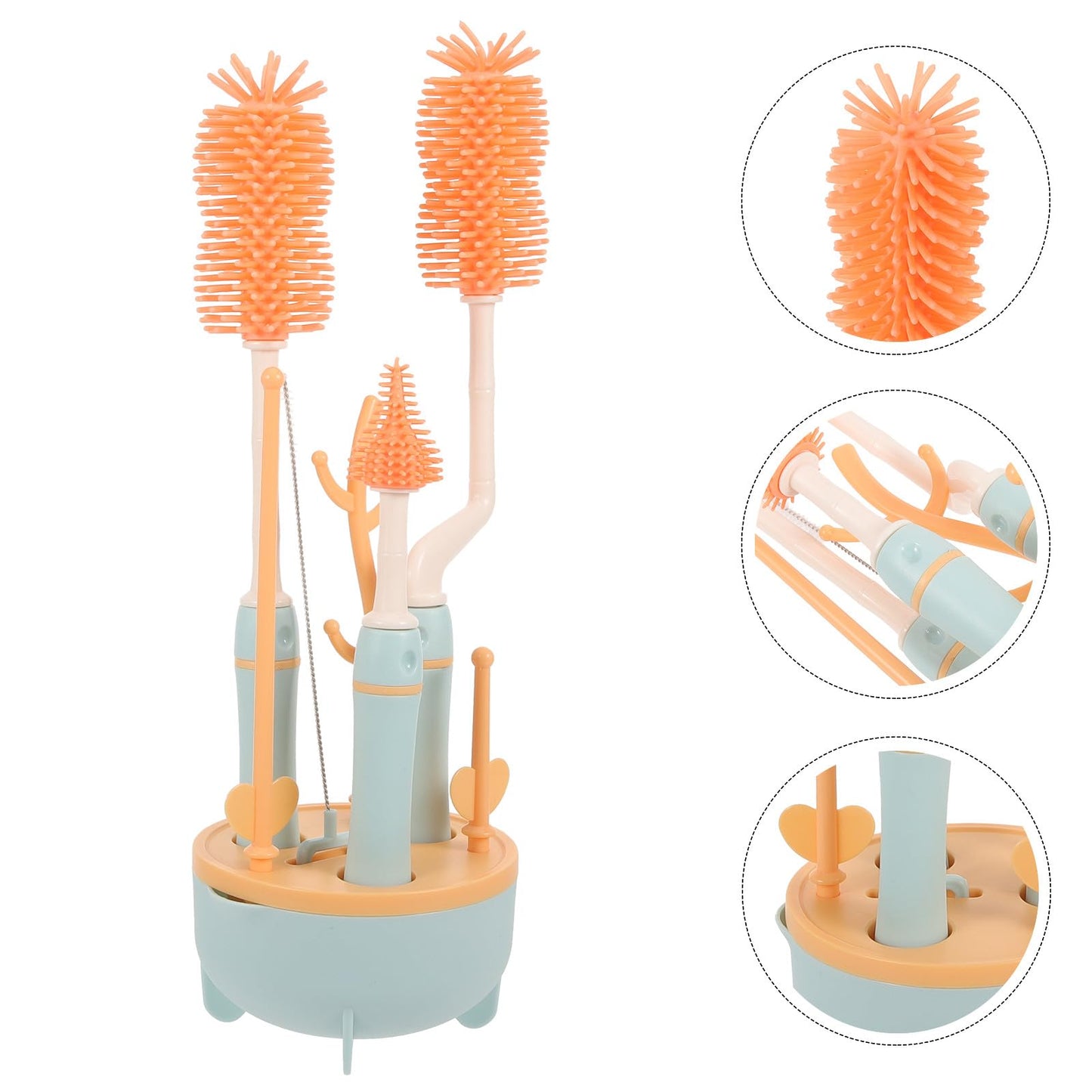 NAMOARLY Bottle Brush Set with Straw Cleaner and Pacifier Brush for Feeding, Blue Plastic Handle, Multi-Piece Household Bottle Cleaning Kit with Drying Stand for Travel and Daily Use