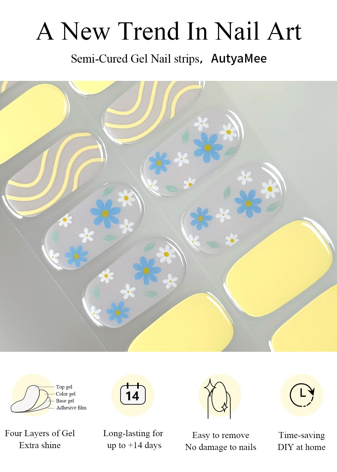 AutyaMee Semi Cured Gel Nail Strips (Yellow Flower), 20 Pcs Sping Gel Nail Wraps, Stickers, Salon Quality, Works with Any UV Lamps