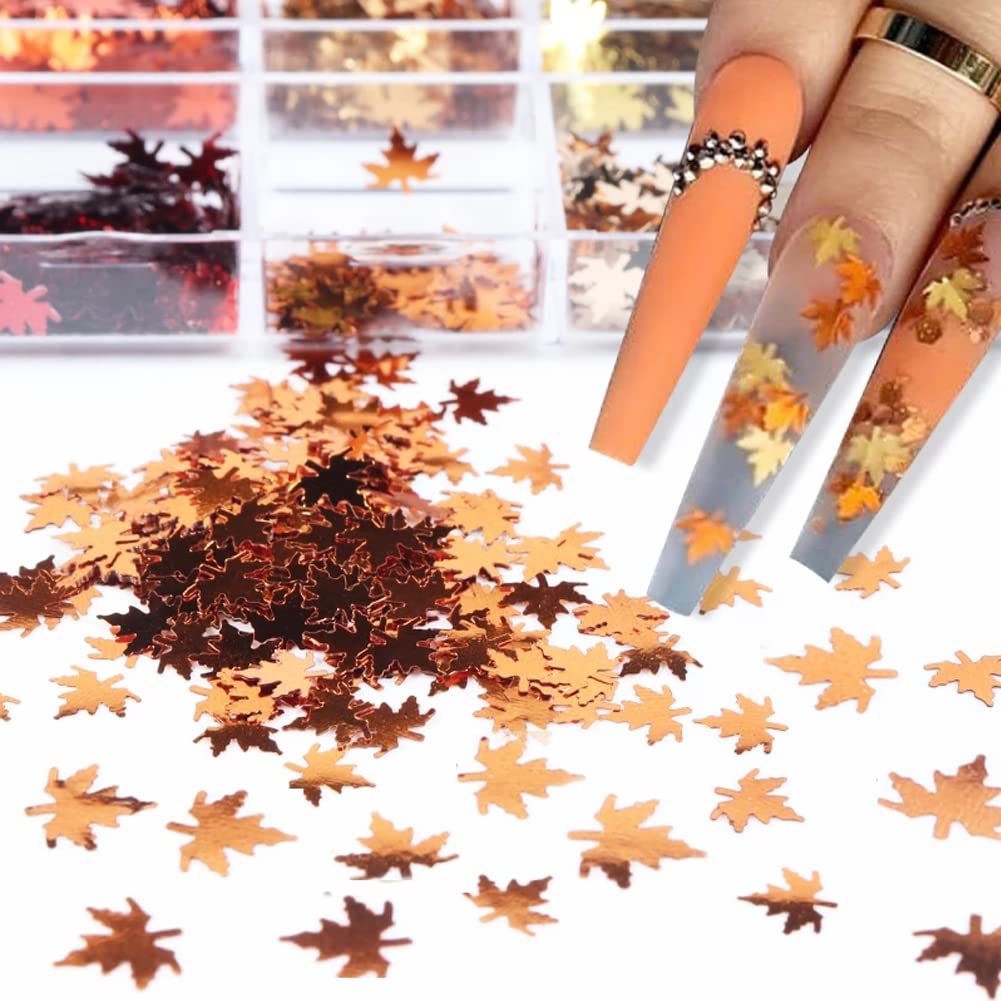 Fall Glitter Nail Sequins Maple Leaf Nail Glitters Flakes 3D Maple Leaves Nail Art Stickers Decals Gold Laser Glitter Nail Designs Retro for Manicure Autumn Winter Gel Nail Art Decorations 6 Grids