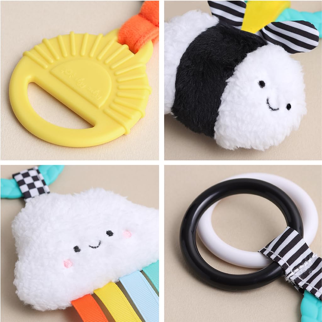 Itzy Ritzy Teething Activity Toy - Bitzy Busy Ring Infant Teething Toy Features Braided Ring & Dangling Toys, Includes Teether, Ribbons, Crinkle Sound & Jingle Bell - 0 Months & Up (High Contrast)