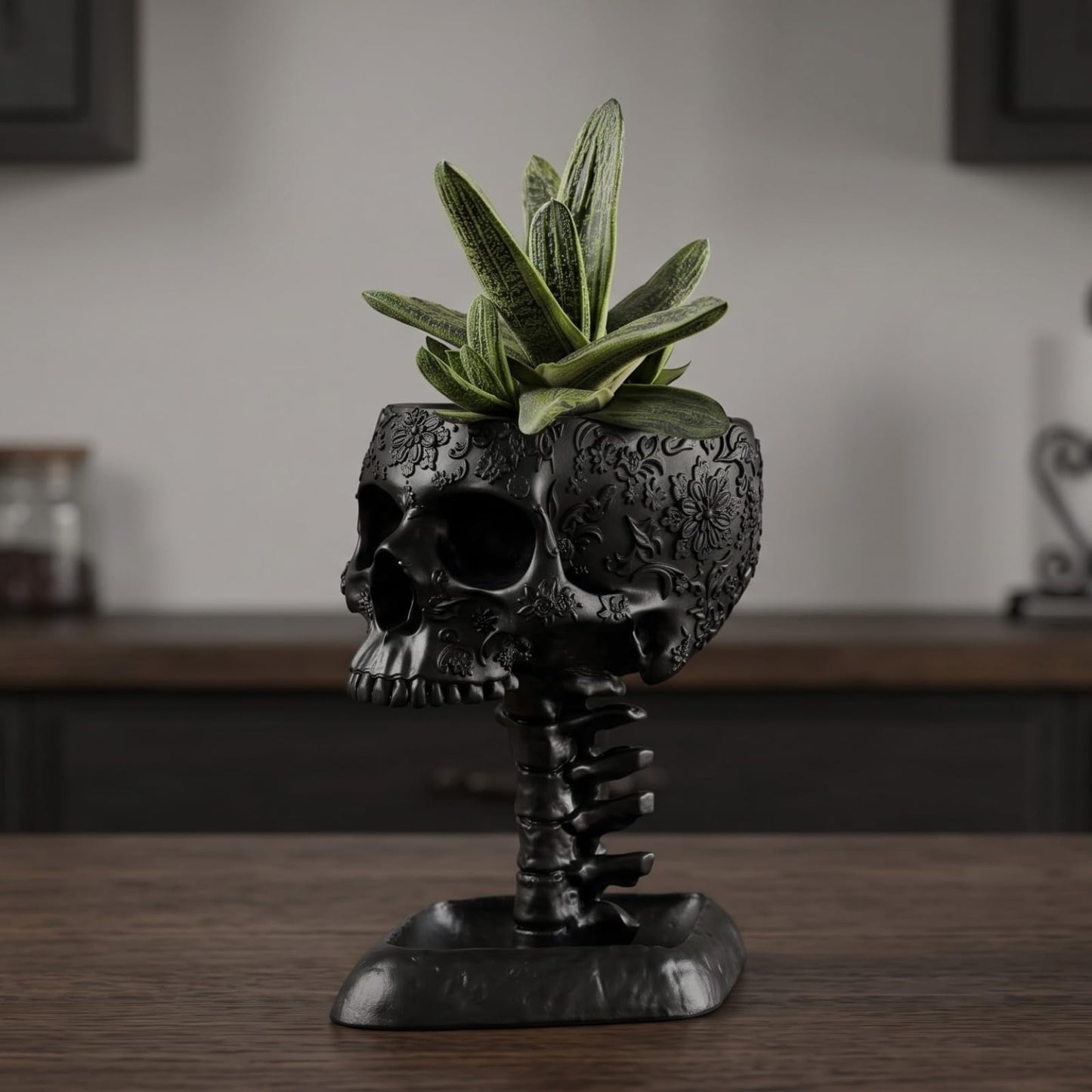 GUTE Skull Planter Pot, Makeup Brush & Pen Holder - Black Skeleton Backbone Plant, 6" Deep Polyresin Strong for Succulents Plants & Flowers - Spooky Skulls Home Decor Serving