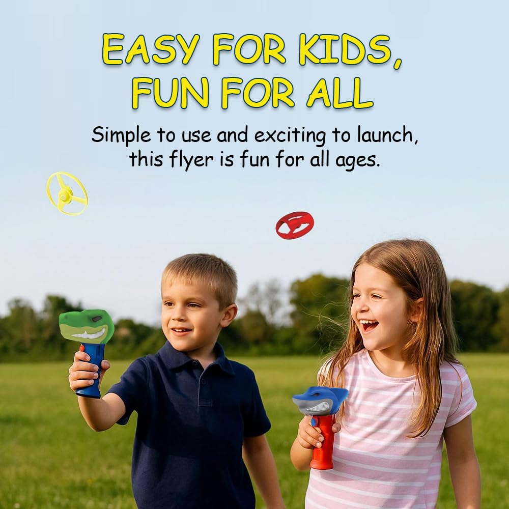 Spinz Night T-Rex Flying Disc Launcher, Light Up Propeller Outdoor Toy with Dinosaur Head and 2 Spinning Discs, Flies Over 30 Ft, 5+ Years