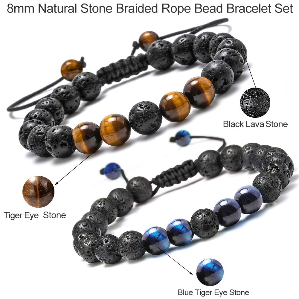 M MOOHAM Bracelets for Men Gifts - Beaded Lava Rock Tiger Eye Black Adjustable Bracelets for Mens Jewelry Gift