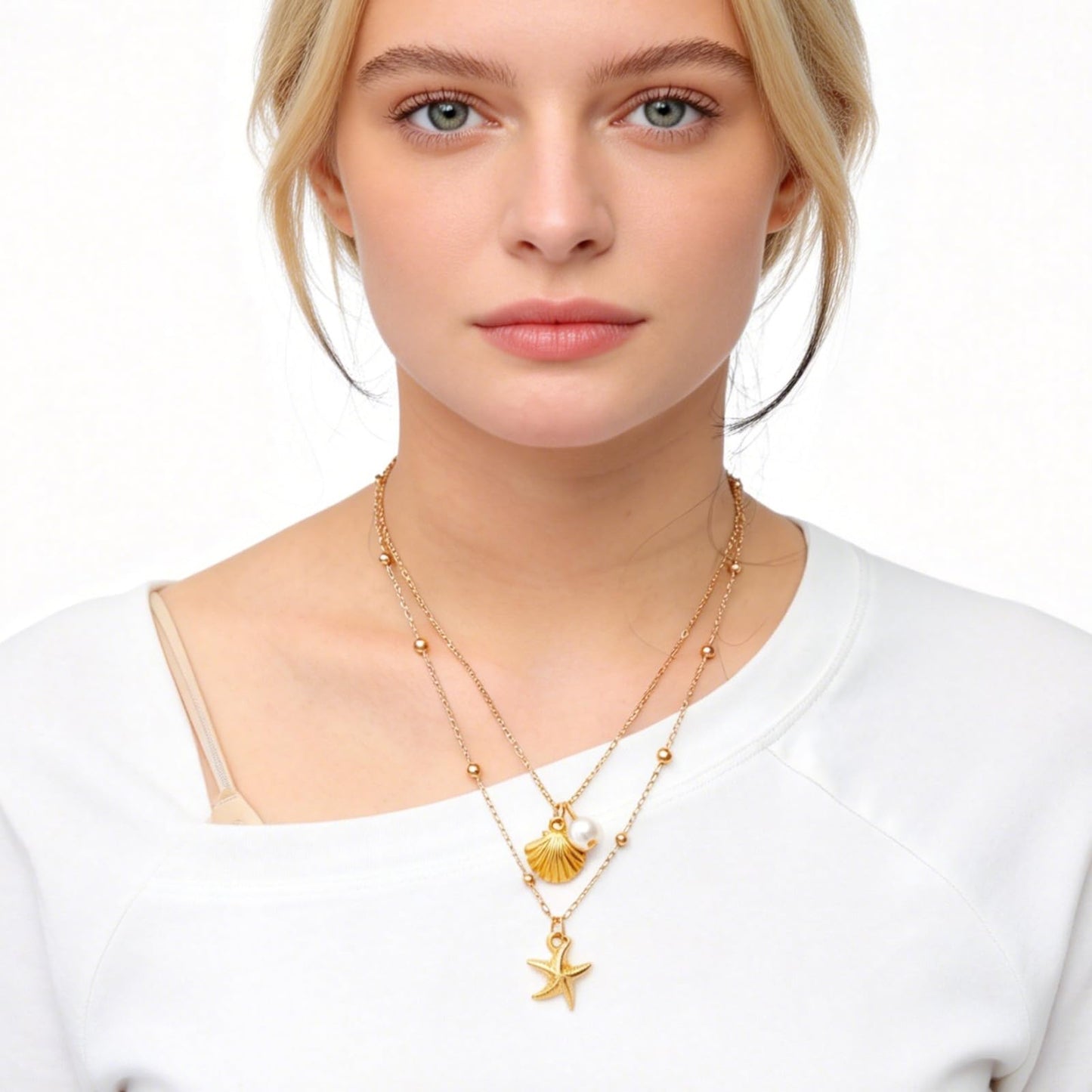 Starfish Shell Necklace for Women, 14K Gold Plated Layered Shell Starfish SeaShell Pearl Pendant Charm Beaded Necklace Stack Dainty Beach Ocean Beachy Necklaces for Women Summer Vacation Non Tarnish