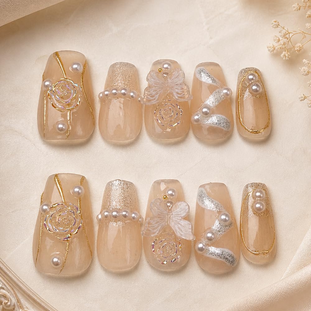 2IM Studio Handmade Press On Nails – 10 Piece Soft Gel Nail Kit with Glue & Tool Set, Reusable Artisan Nails, Salon-Quality Finish (Champagne Lace-XS)
