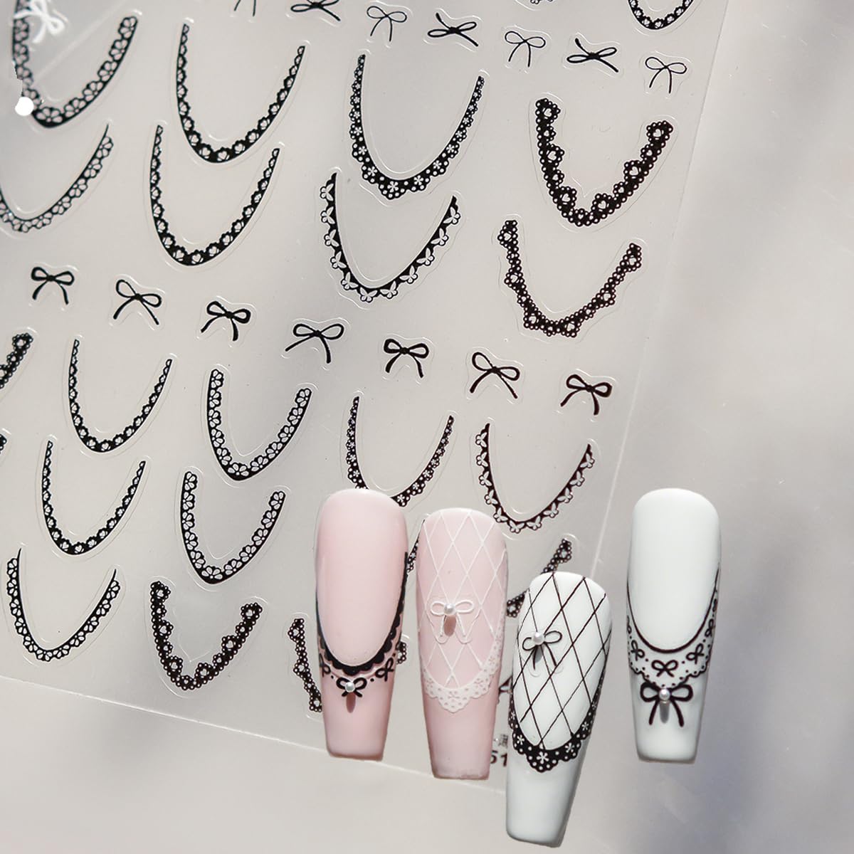 Black Lace French Tip Nail Stickers - Bow Design, Self-Adhesive Nail Art Decals for Women, DIY Manicure Supplies 1 Sheet