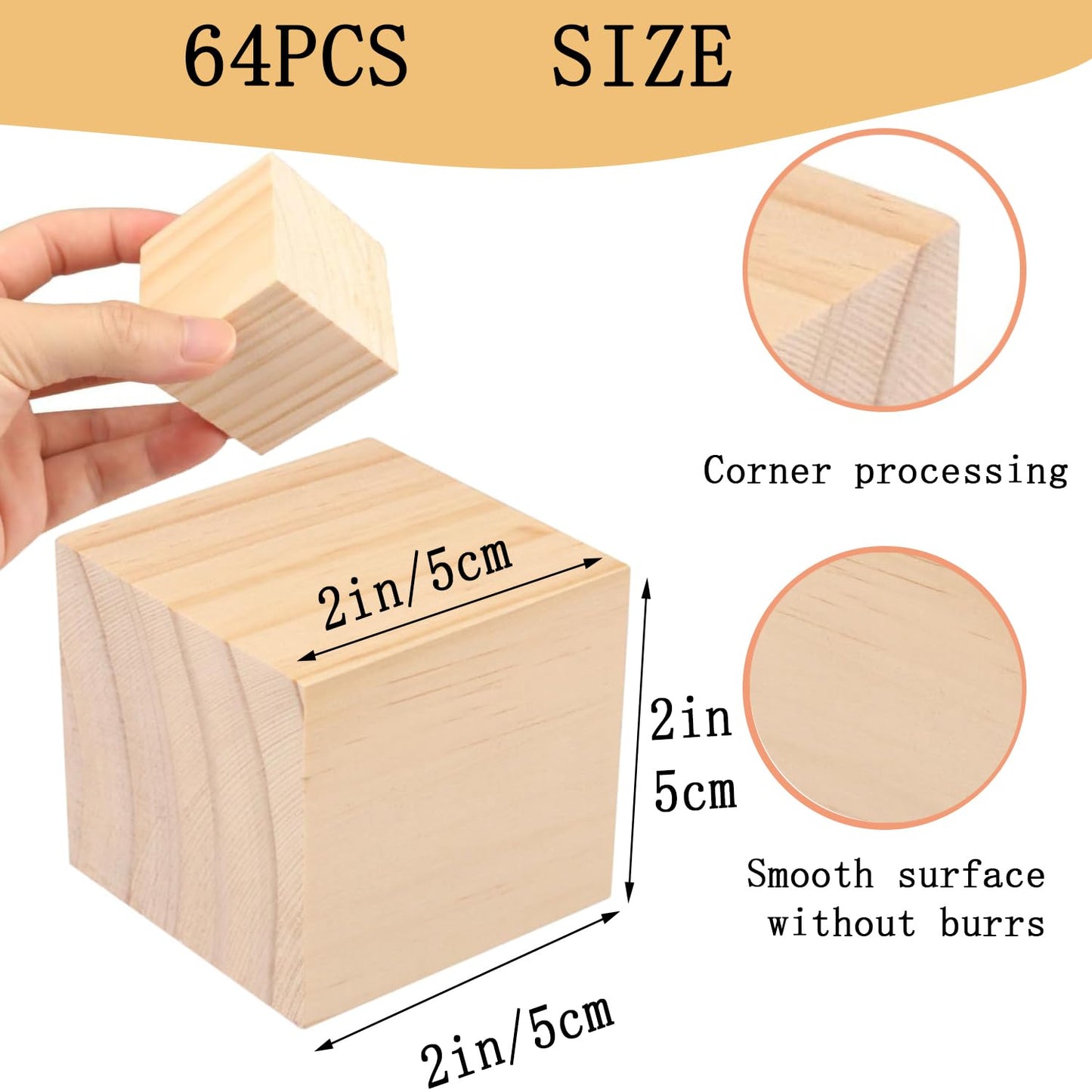 64PCS2-inch Blank Pine Wood Blocks, Suitable for Crafts, Carving, Laser Engraving. Shower Party Decorations.