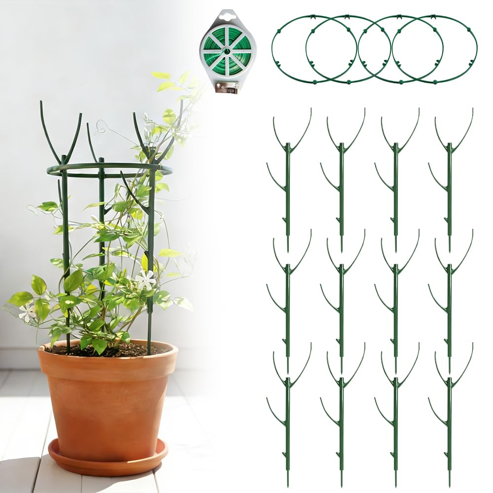 Plant Support Stakes, 12 Pack Plant Stakes for Indoor Plants, Stackable 4 Tier Durable Trellis Garden Poles for Outdoor Gardening, Plant Support Structures for Monstera Climbing Plants (Green-12Pack)