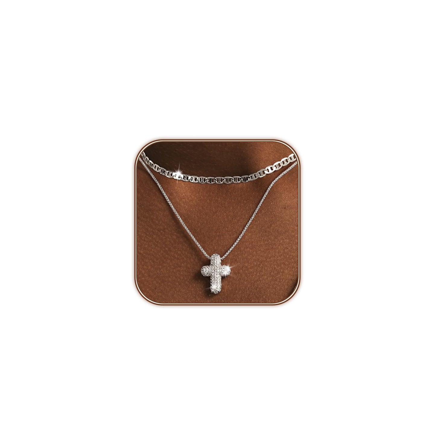OGD Layered Silver Necklace for Women Silver Plated Cross Necklaces for Women Stackable Stacked Stacking Dainty Silver Necklace Mariner Chain CZ Cross Pendant Necklaces Set Simple Jewelry Gift