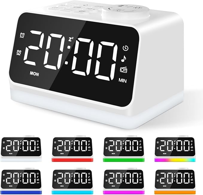JALL Digital Alarm Clock with FM Radio for Bedroom, 8 Colors Night Light with 2 Charging Port, Sleep Sound Machines with Timer, Dual Alarm, Loud Alarm and Easy to Use for Seniors as Gift