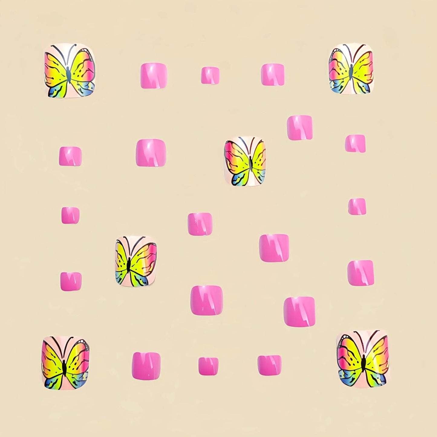 Spring Press on Toenails Pink Fake Toe nails with Yellow Butterfly Design Glossy Short Square Toe nails Press ons Acrylic Stick on Toenails for Women 24Pcs
