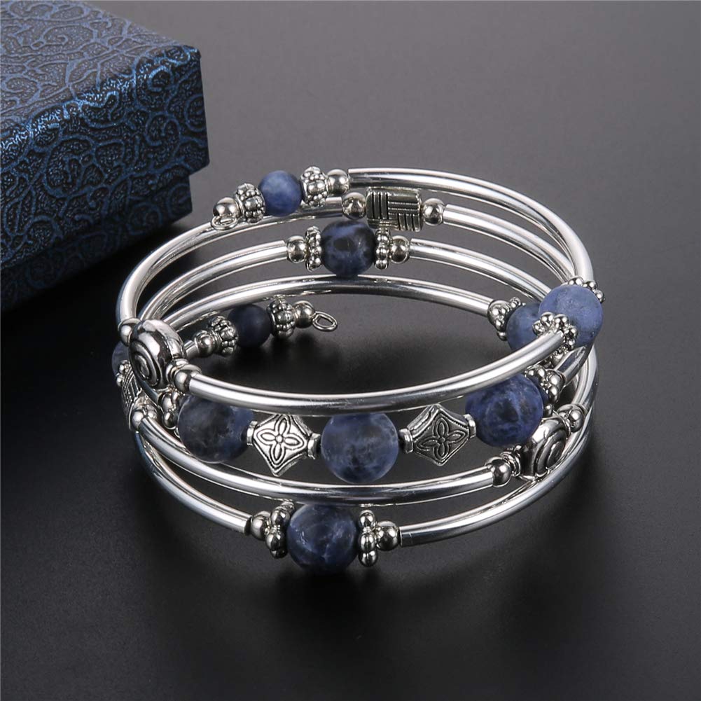 Beaded Pearl Bangle Wrap Bracelet - Fashion Bohemian Jewelry Multilayer Charm Bracelet with Thick Silver Metal Beads, Gift For Women(Navy Blue)
