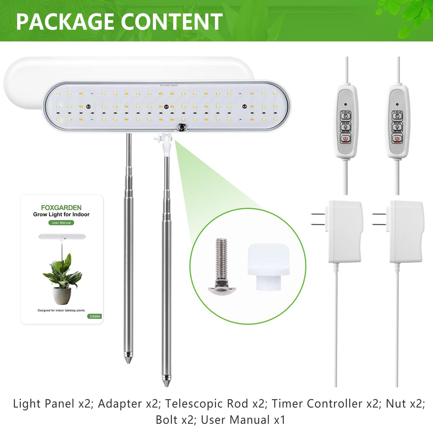 FOXGARDEN Grow Light, Full Spectrum LED Grow Lamp, Plant Lights for Indoor，Auto Timer 4/8/12H, 4 Dimmable, Height Adjustable 8.5"-24", Growing Lights 2 Pack