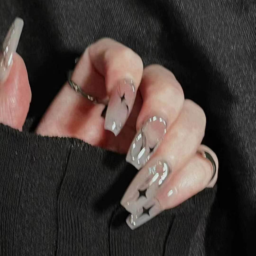 TENPAL Pink Ombre Silver Coffin Acrylic Nails,Handmade Press On Nails With Tools,Glossy Y2K Star Glitter Designs Glue on Nails,Cute Cool Retro Kawaii Kpop False Fake Nails for Women 10Pcs(XS)