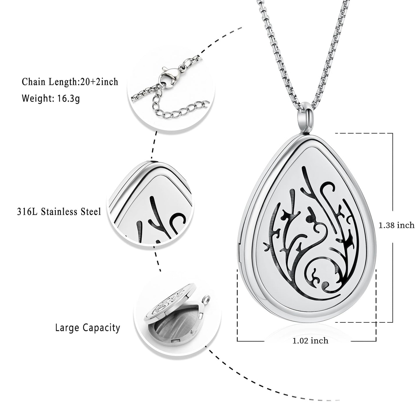 mingkejw Teardrop Essential Oil Diffuser Necklace Aromatherapy Pendant Locket Jewelry Stainless Steel Perfume Necklace| 22’’ Adjustable Chain| 12 Refill Pads| Gift Box