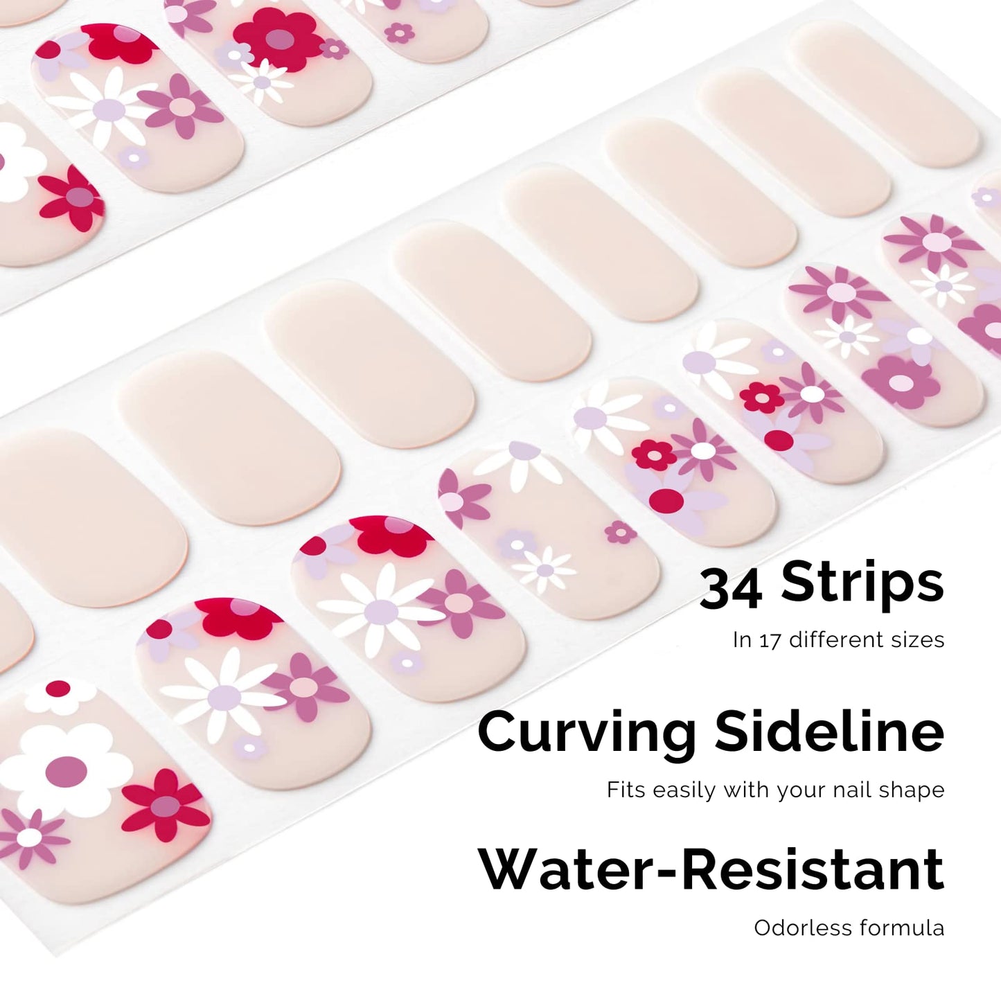 Nailog Semi Cured Gel Nail Strips 34 pcs | Long Lasting Nail Polish Sticker Wraps with Glossy Gel Finish (Florid)