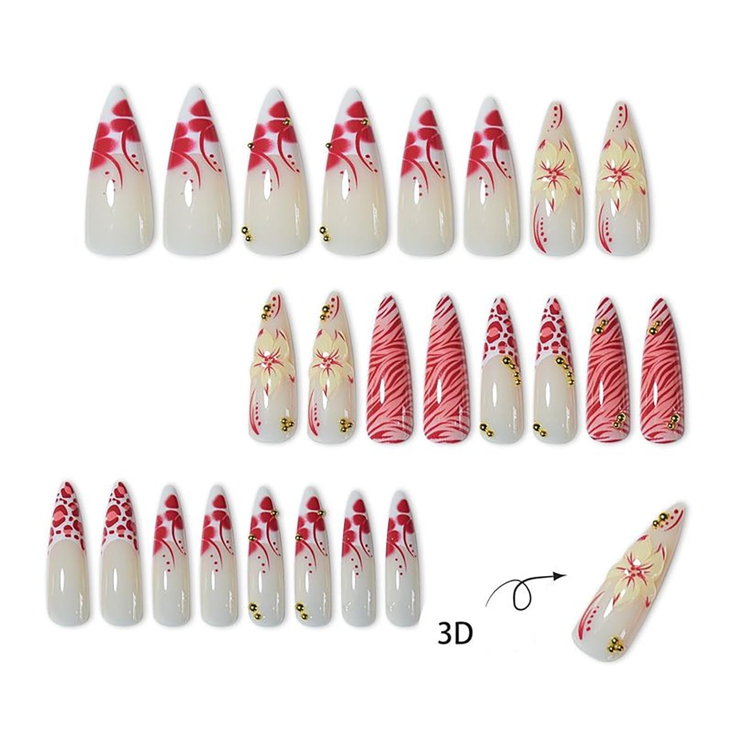 RUOKEXIN Long Almond Press on Nails French Tip Fake Nails Stiletto False Nails with 3D Flower Designs Acrylic Nail Press ons Sparkly Artificial Nails for Women 24Pcs