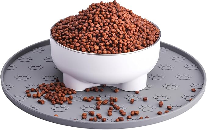 HANZOTO 2pcs Silicone pet Food mat, Dog Food and Water mat, Raised Edge Rubber mat for Dog Bowls, Prevents Food and Water from staining Floors, Suitable for Small and Medium Pets，10.6'' (Gray-2pcs)