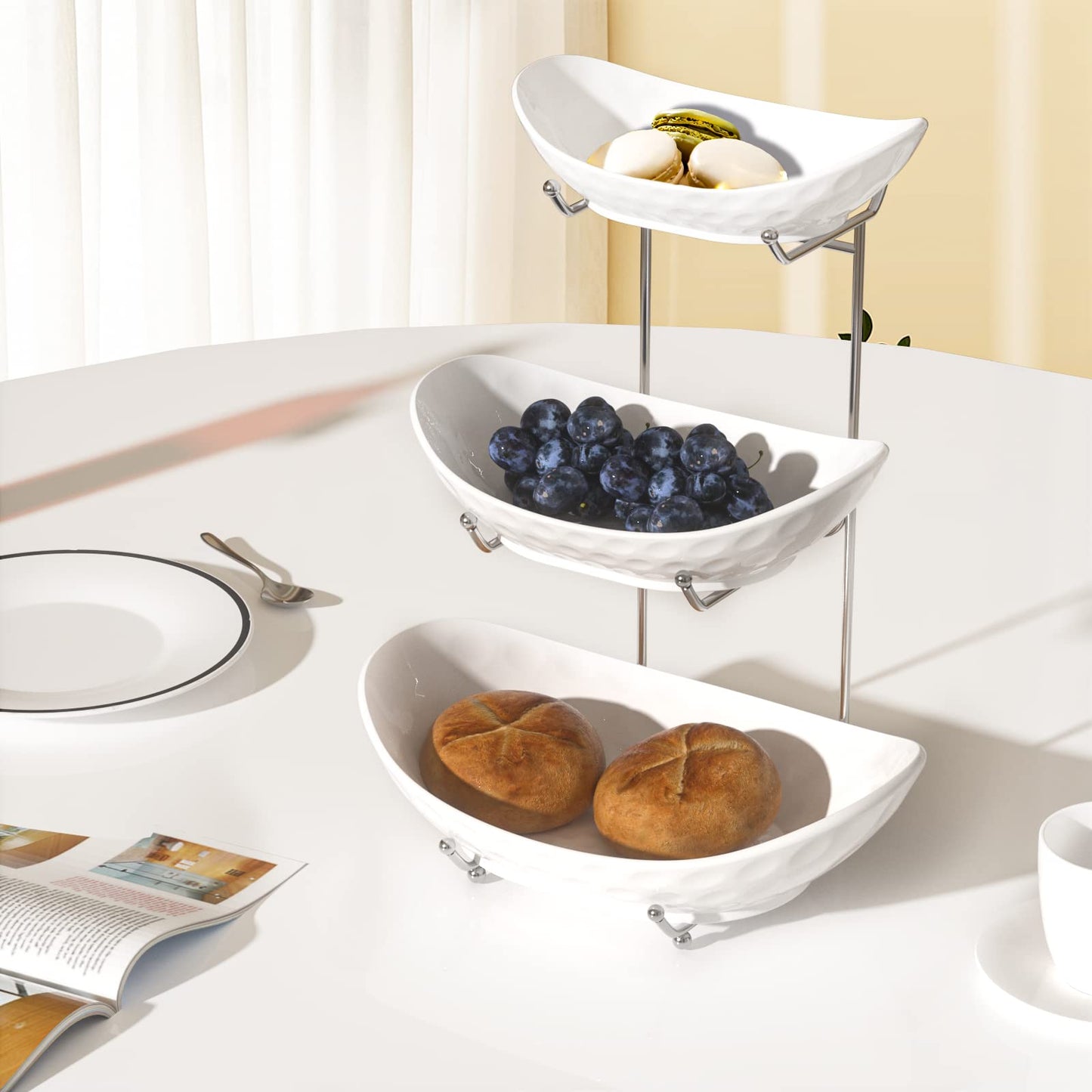 Acliys Fruit Bowl, 3 Tier Ceramic Fruit Basket, 3 Tier Serving Stand Serving Bowl with Metal Rack, Porcelain Kitchen Bowls for Fruit Vegetable Snack Nuts Dessert Cake Tray for Party Wedding