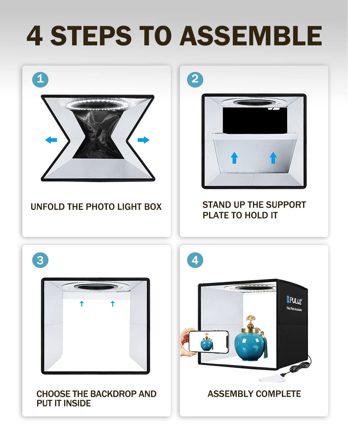 PULUZ 9.8"/25cm Foldable Portable Photo Studio Light Box, Adjustable Brightness Light Box Photography Lighting Shooting Tent Kit, with LED Lights and 12 Colors Backdrop