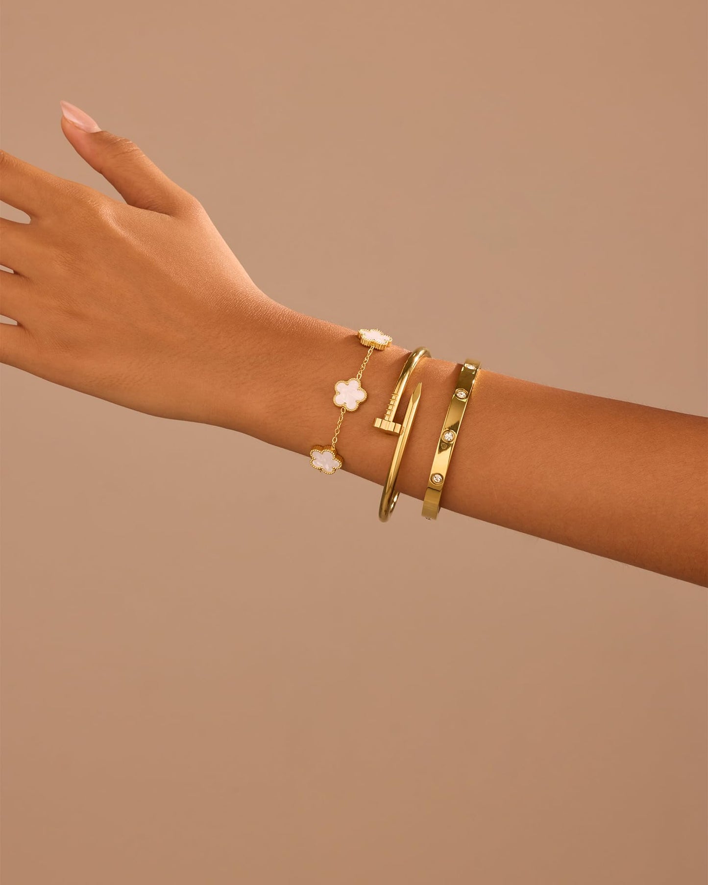 18K Gold Plated Stainless Steel Love Nail Bangle Clover Bracelet Set Stackable Dupes for Love Trendy Jewelry (Gold and White)