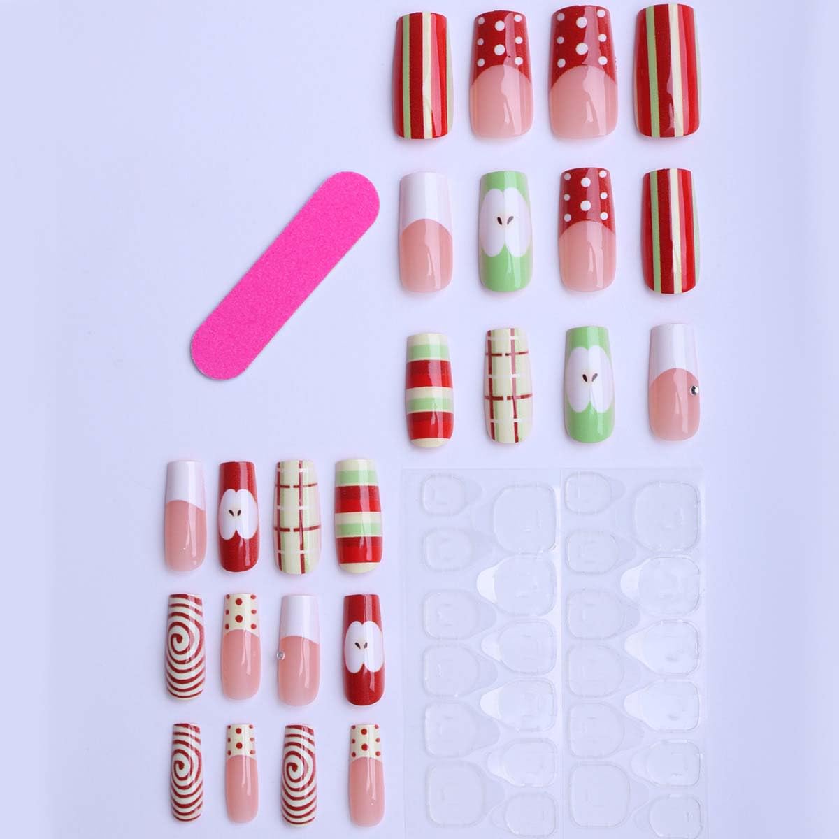 LINMEIZAI 24Pcs French Press on Nails Medium Square Apple Fake Nails Press ons Nail Tips, Green Red Stick on Nails Acrylic Nails Kit False Nails Fresh Plaid Design Nail Art for Women Cheerful Manicure