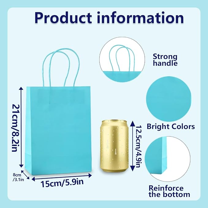 piqiya Small Plain Natural Paper Kraft Gift Bags with Handles Light Blue Paper Bags for Eid Birthday Party Grocery Retail Business Goody Craft Bag (Blue，24pcs)