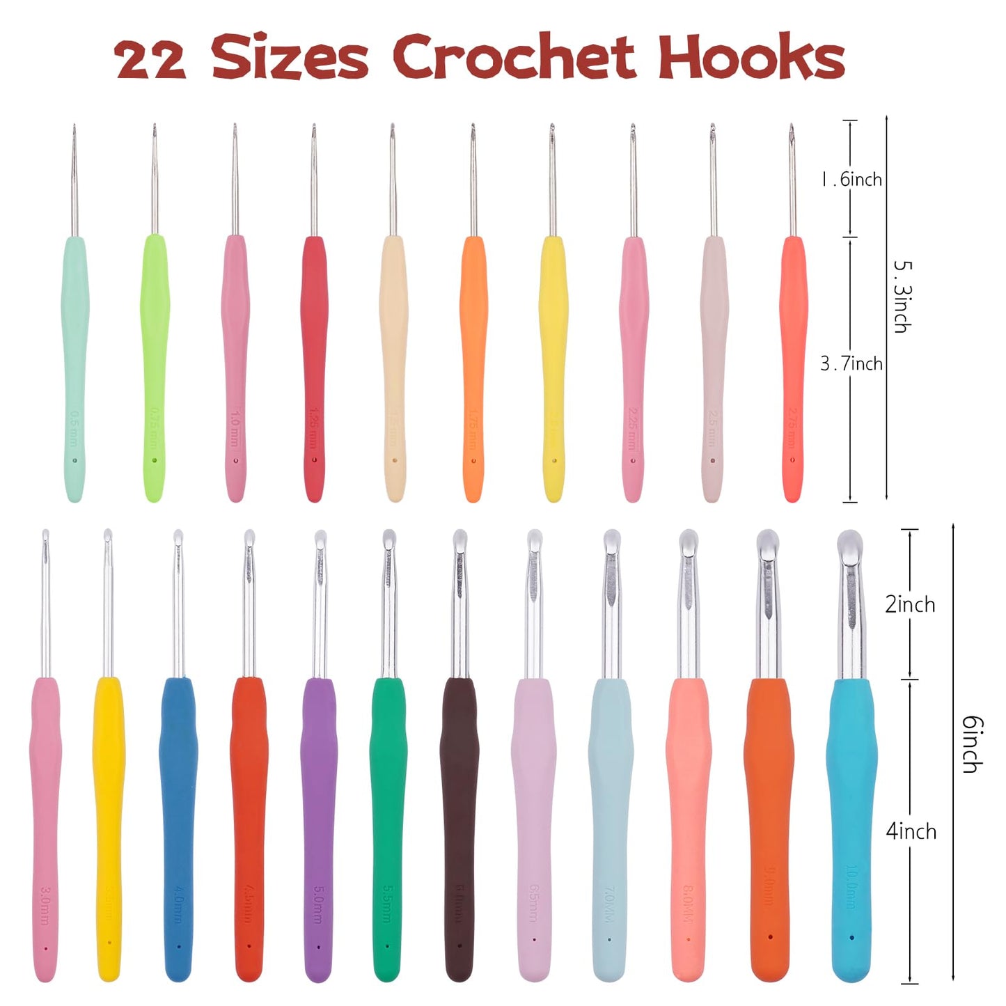 BsHooker 22 Sizes Crochet Hooks Set with Storage Case,0.5mm-10mm Crochet Hooks with Ergonomic Soft Handle for Arthritic Hands,Crochet Kit for Beginners,Red