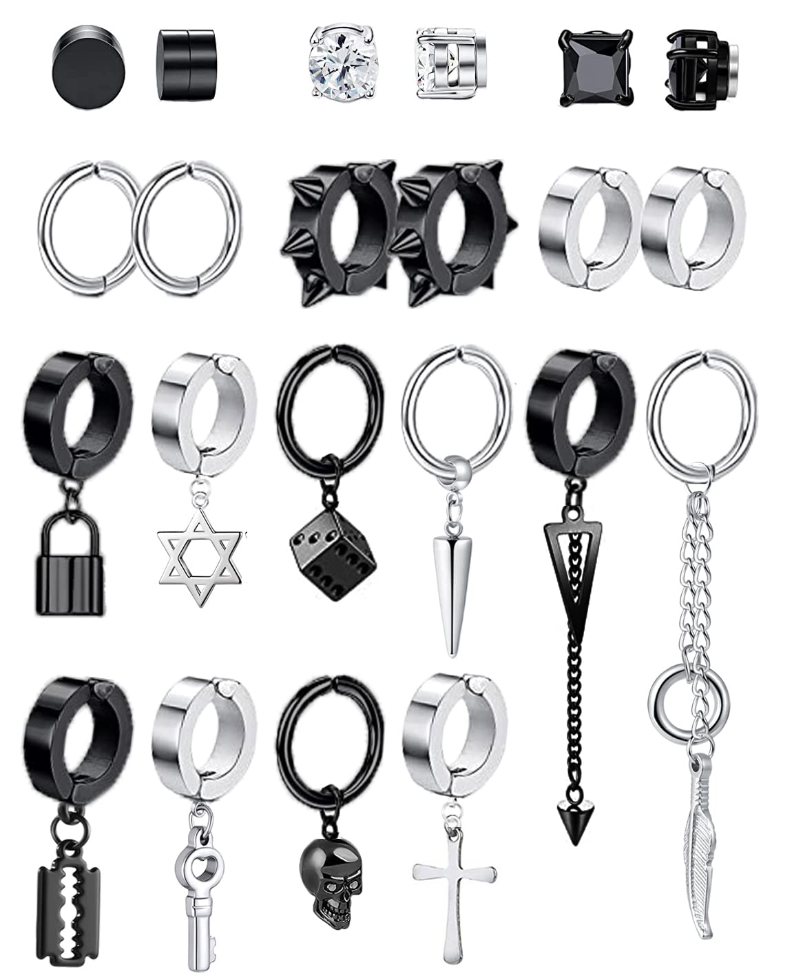 YOVORO 22Pcs Stainless Steel Non Pierced Earrings for Men Women Non-piercing Stud Earrings Dangle Hoop Earrings Clip On Earrings Punk Huggie Earrings Set Silver