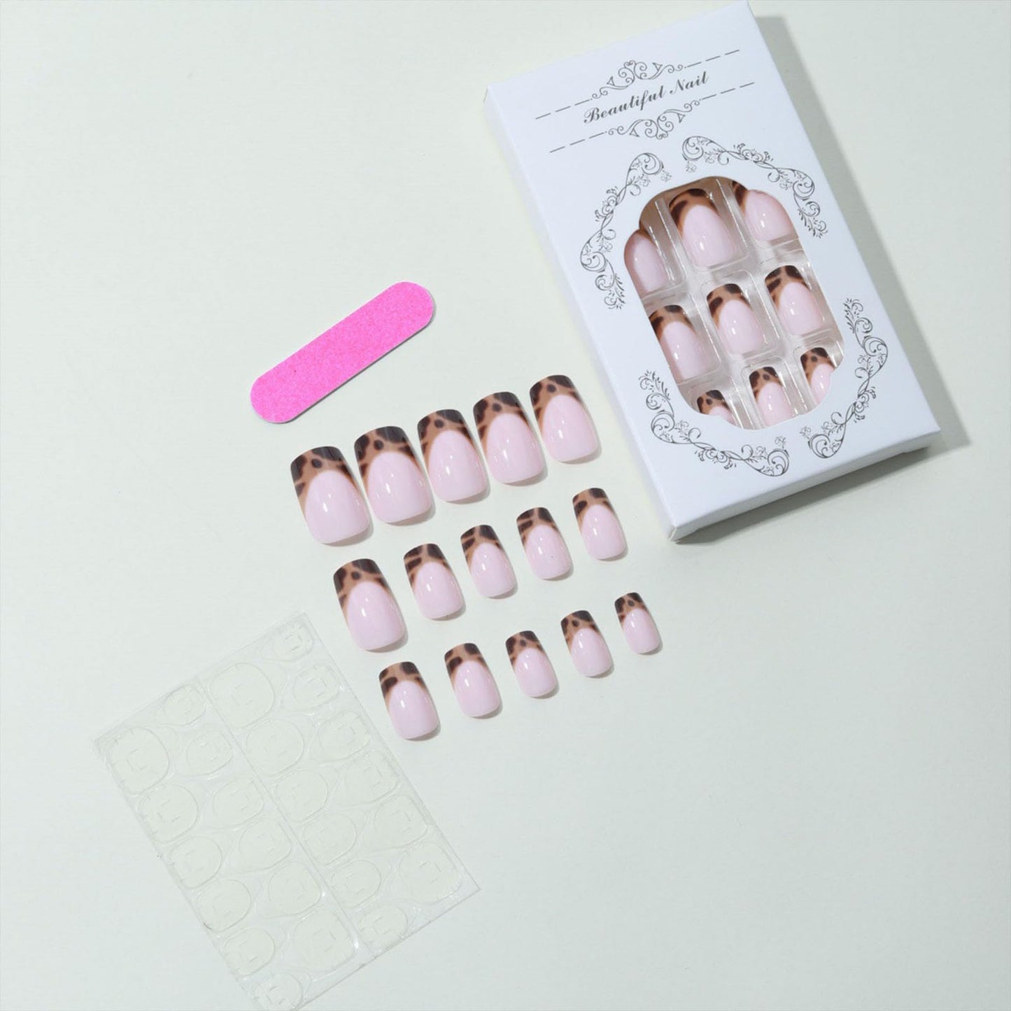 24Pcs French Tip Press on Nails Medium Square Fake Nails with Brown Black Leopard Print Designs Glossy Nails Press ons Nude Full Cover Glue on Nails Fall Acrylic Artificial Stick on Nails for Women
