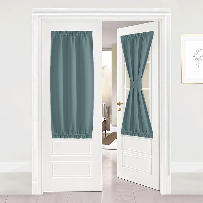 NICETOWN Blackout Door Curtain, French Door Blinds for Privacy, Thermal Insulated Window Curtains for Patio, Front Glass Sidelight Curtain with Tieback, Greyish Blue, W25 x L50, 1 Panel