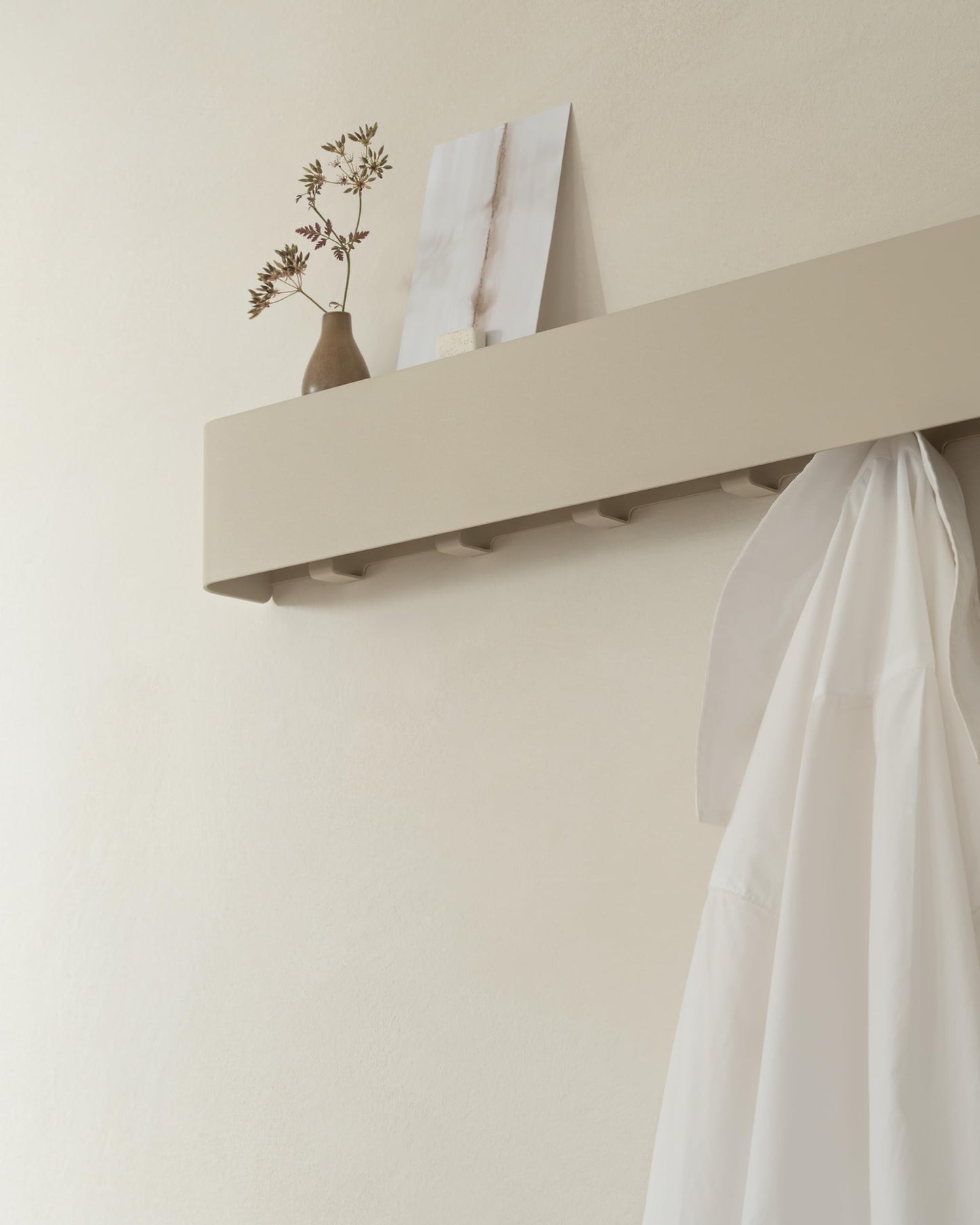 Kazai. Coat Rack Wall Mount with Shelf 'Tone' | Modern Design Coat Hanger with Hidden Hooks and Storage | Hat Rack with Shelf in Metal | Wall-Mounted Purse Organizer | Taupe