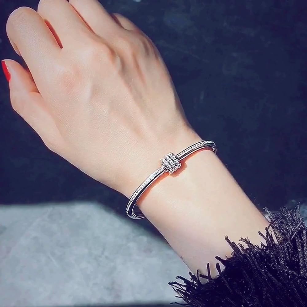Dainty Bangle Bracelet for Women Personalized Cubic Zirconia Stainless Steel Bracelets Tiny Waist Oval Bangles Bracelets Gifts for Love (S)