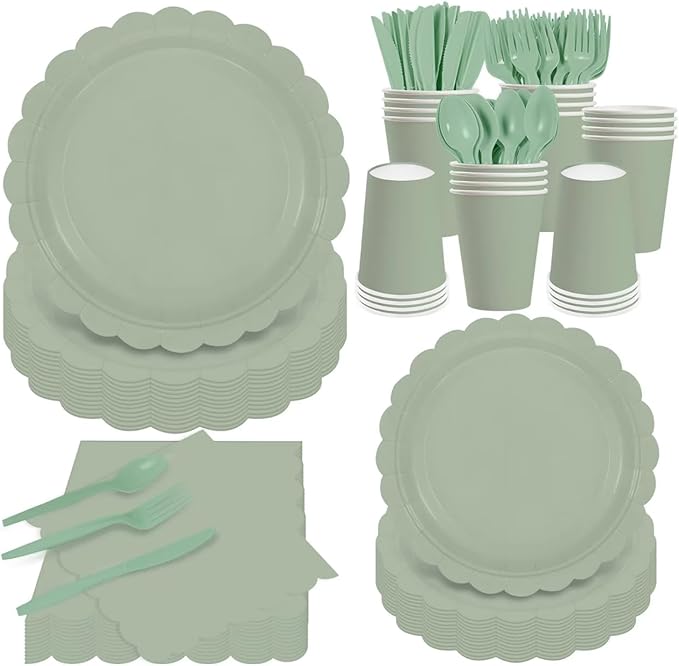 140Pcs Sage Green Paper Plates and Napkins, Sage Green Party Supplies Include Green Scalloped Plate Paper Napkin Cup Plastic Cutlery for Baby Shower, Wedding, Birthday