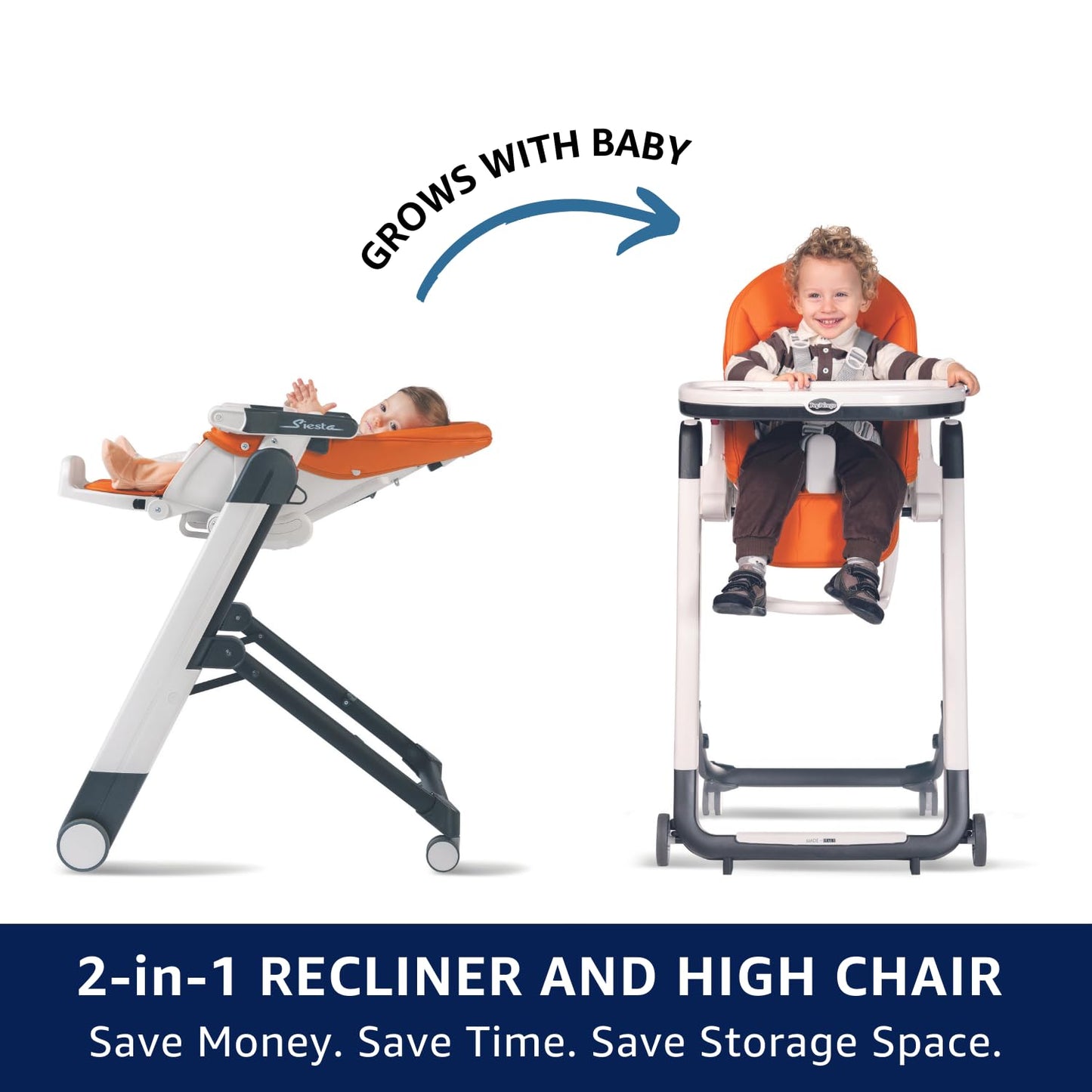 Peg Perego Siesta, Grow with Baby Folding High Chair & Recliner, Height Adjustable, Quick Clean & Easy Push Wheels for Babies & Toddlers, Made in Italy, Aquarelle (White)