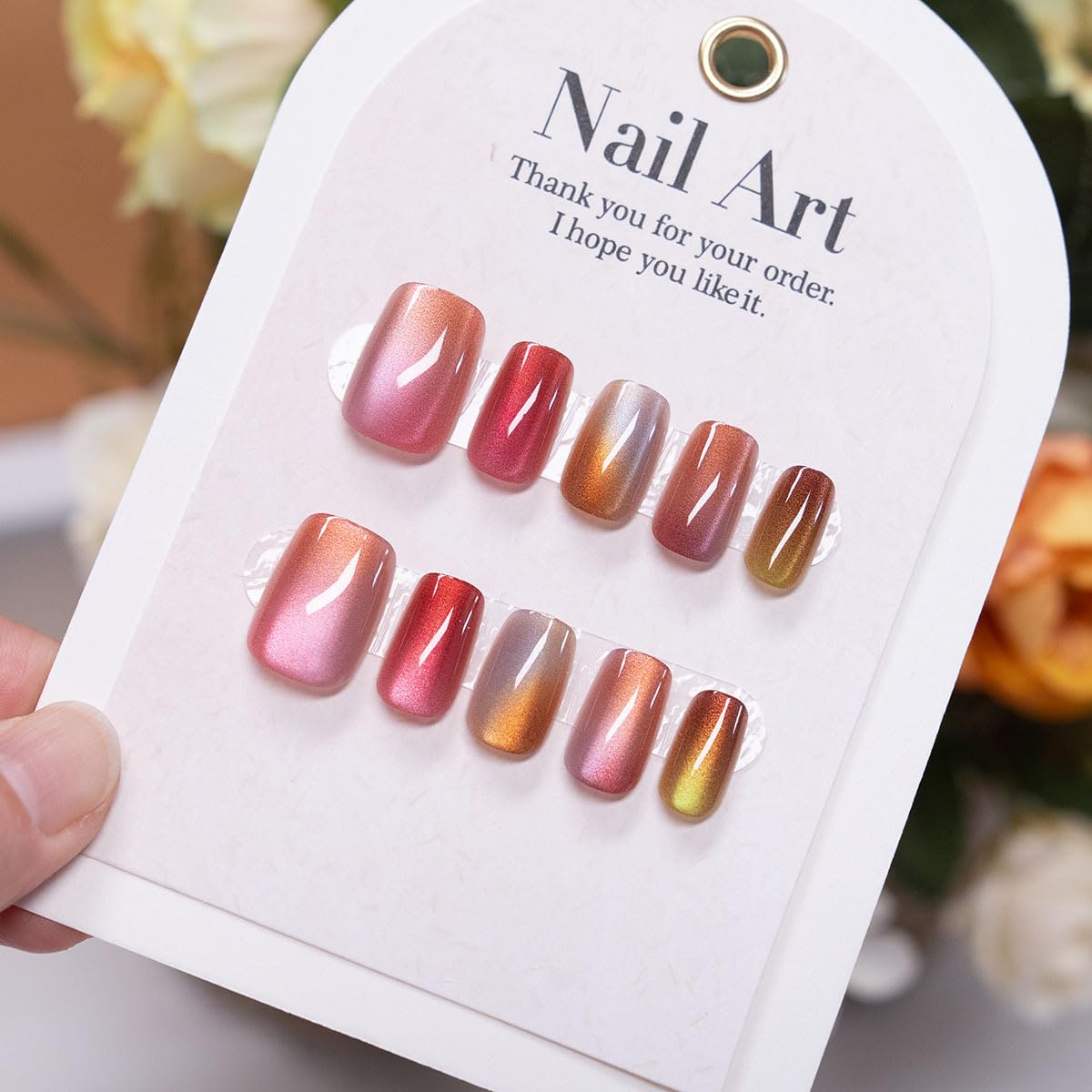 Cat Eye Press on Nails Short Square Fake Nails Rainbow Candy Acrylic Nails Cute Pink Gradient False Nails Press ons Glossy Shiny Glue on Nail for Women Girls Manicure Deco