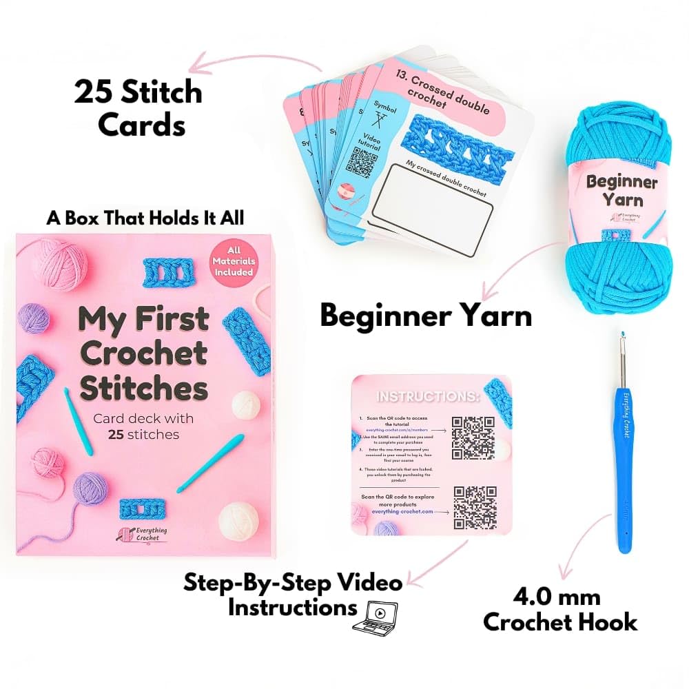 Everything Crochet Stitches Card Deck for Beginners - Learn to Crochet Kit for Adults, Kids & Newbies - 25 Stitch Cards with Step-by-Step Video Tutorials - Crochet Stitch Dictionary & Complete Course