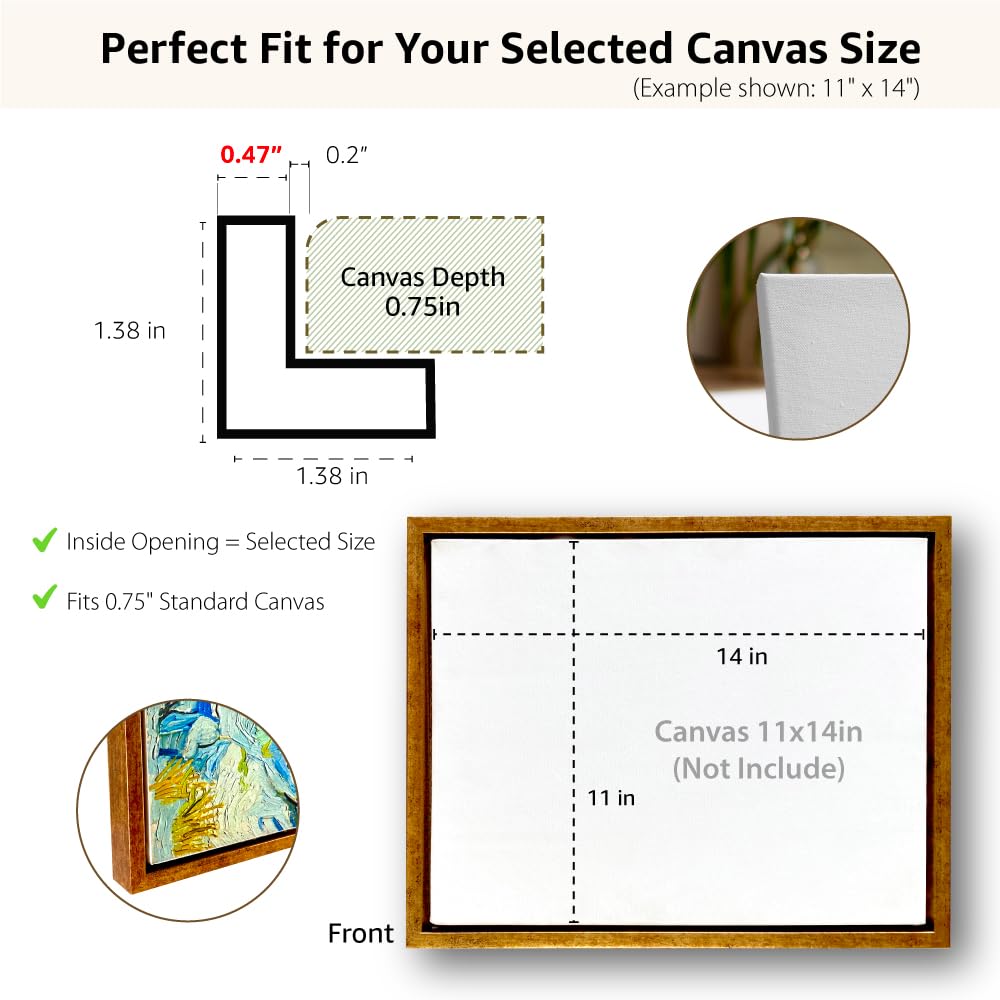 LONG QUAN 16x20 Floating Canvas Frame Kit for 3/4" Deep Canvas, Easy DIY Assembly, Gold Floater Frame for Paintings, Canvas Prints, and Wood Canvas Panels, Durable High-Density PS, Gallery Home Décor