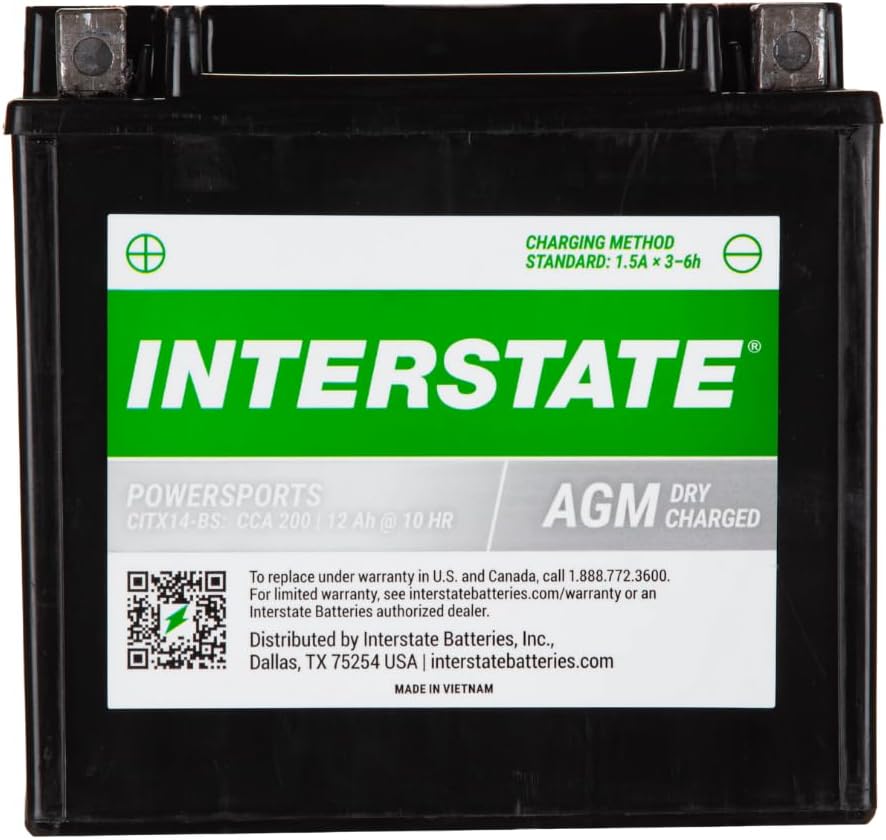 Interstate Batteries YTX14-BS 12V 12Ah Powersports Battery 200CCA AGM Rechargeable Replacement for Motorcycles, ATVs, UTVs, Scooters, Snowmobiles (CITX14-BS)
