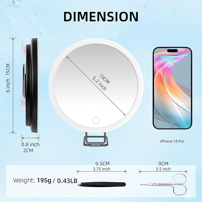 30x Magnifying Mirror With Light, Large 6" Rechargeable Lighted With Suction Cups & Table Stand, 3 Color Modes Dimmable Light up Travel Makeup High Magnification