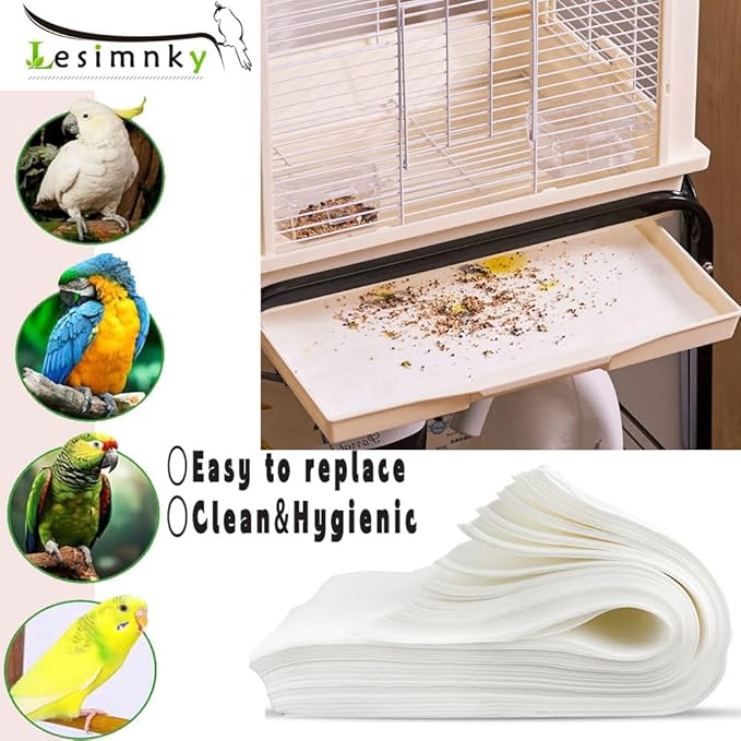 Lesimnky 100pcs Bird Cage Liner Papers,11×20in Big Size Disposable Non-Woven Cage Paper Liners Precut Absorbent Cushion Pad Mat Accessories for Pet Bird Parrot