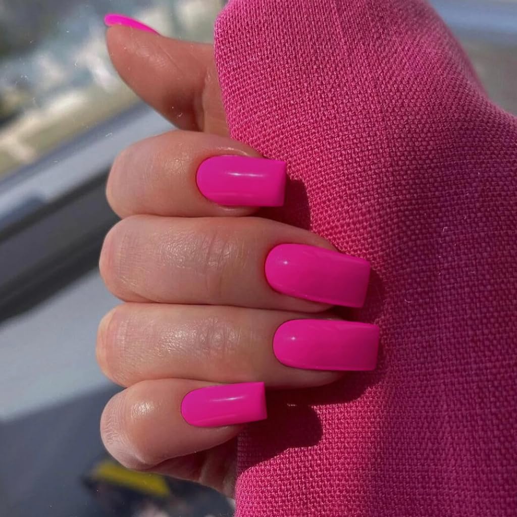KQueenest Long Medium Press On Nails Coffin Nails Press Ons Gloss, Vibrant Hot Pink Color Full Cover Long Fake Nails For Women, Thick Gel Square Tip Nails Acrylic False Nails Set, 24 Pcs
